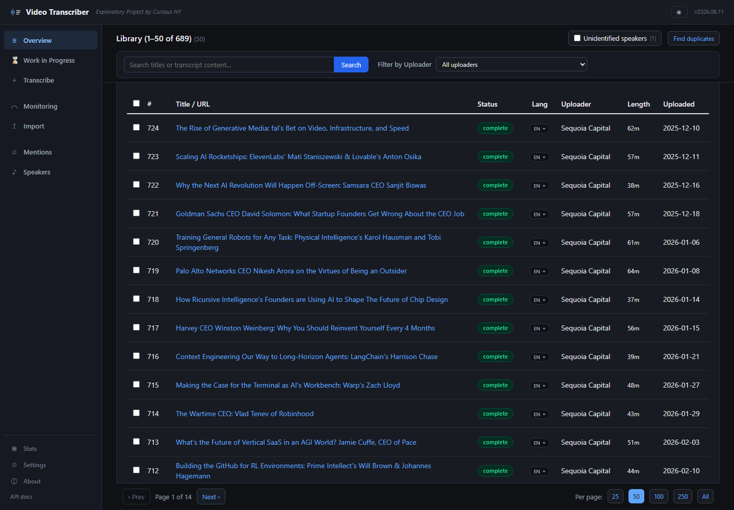 Library page showing 645 transcribed episodes with search, filters, and recently viewed strip