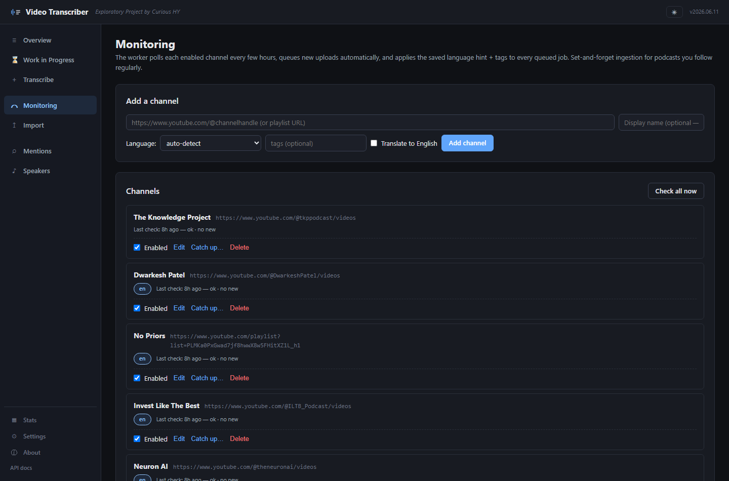 Monitoring page with The Knowledge Project's Catch-up panel open showing date presets