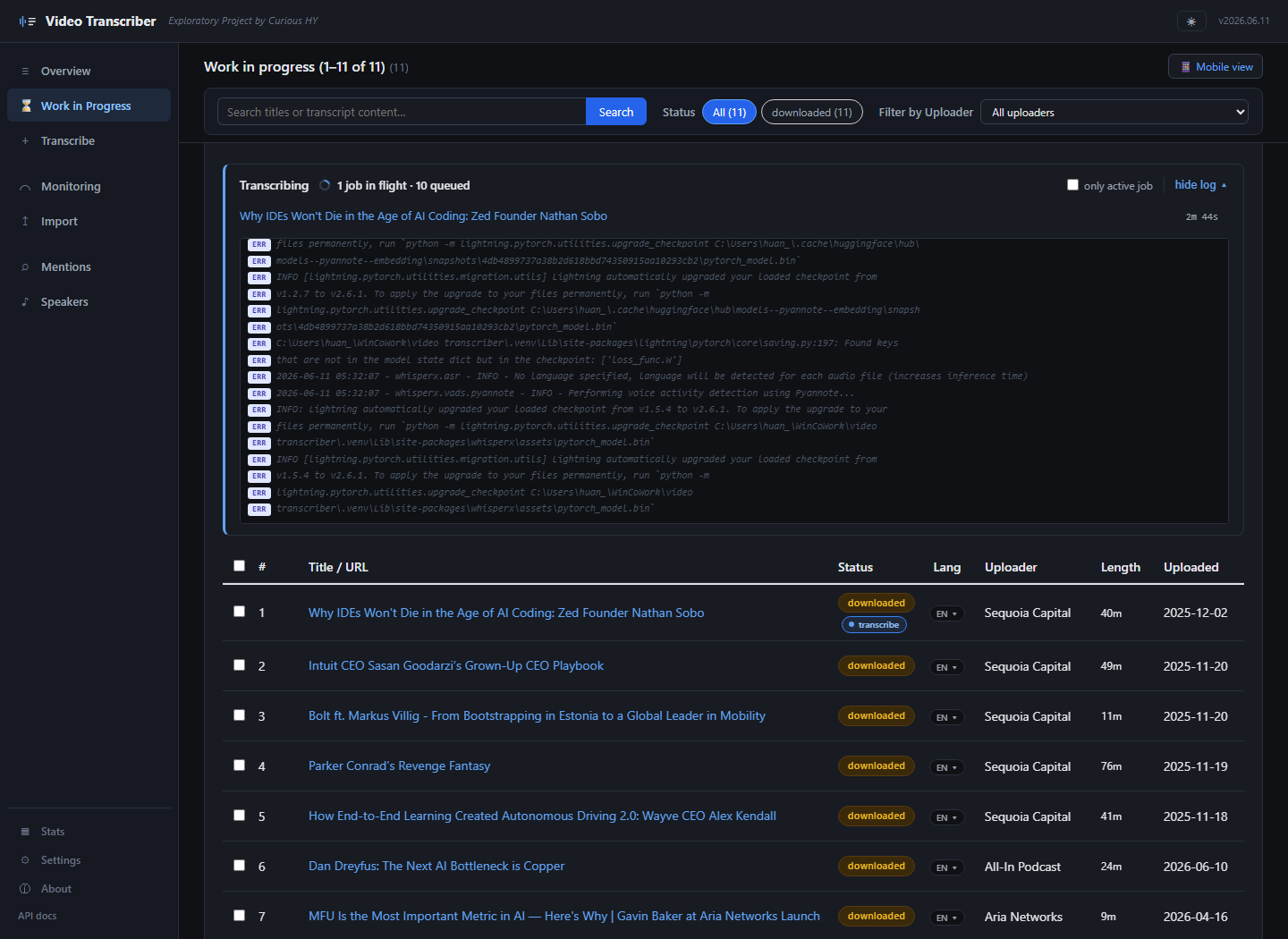 Work in Progress page mid-transcription with live worker activity log streaming